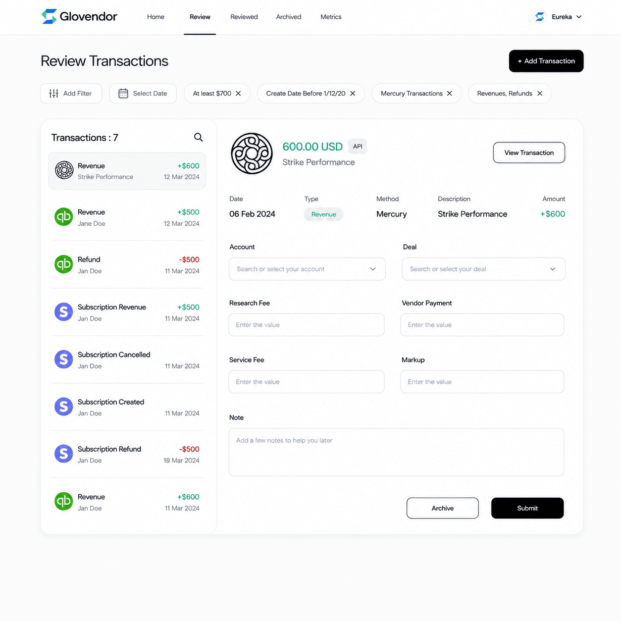 Revenue Management System- Glovendor