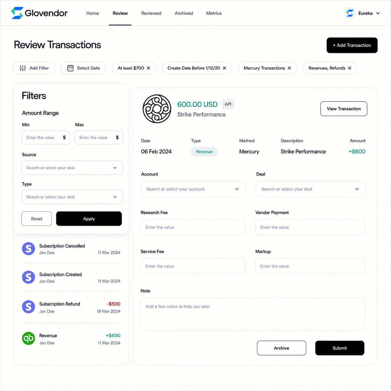 Revenue Management System- Glovendor